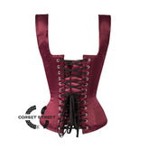 Burgundy Satin Burlesque Gothic Overbust Corset  With Shoulder Strap Bustier Top